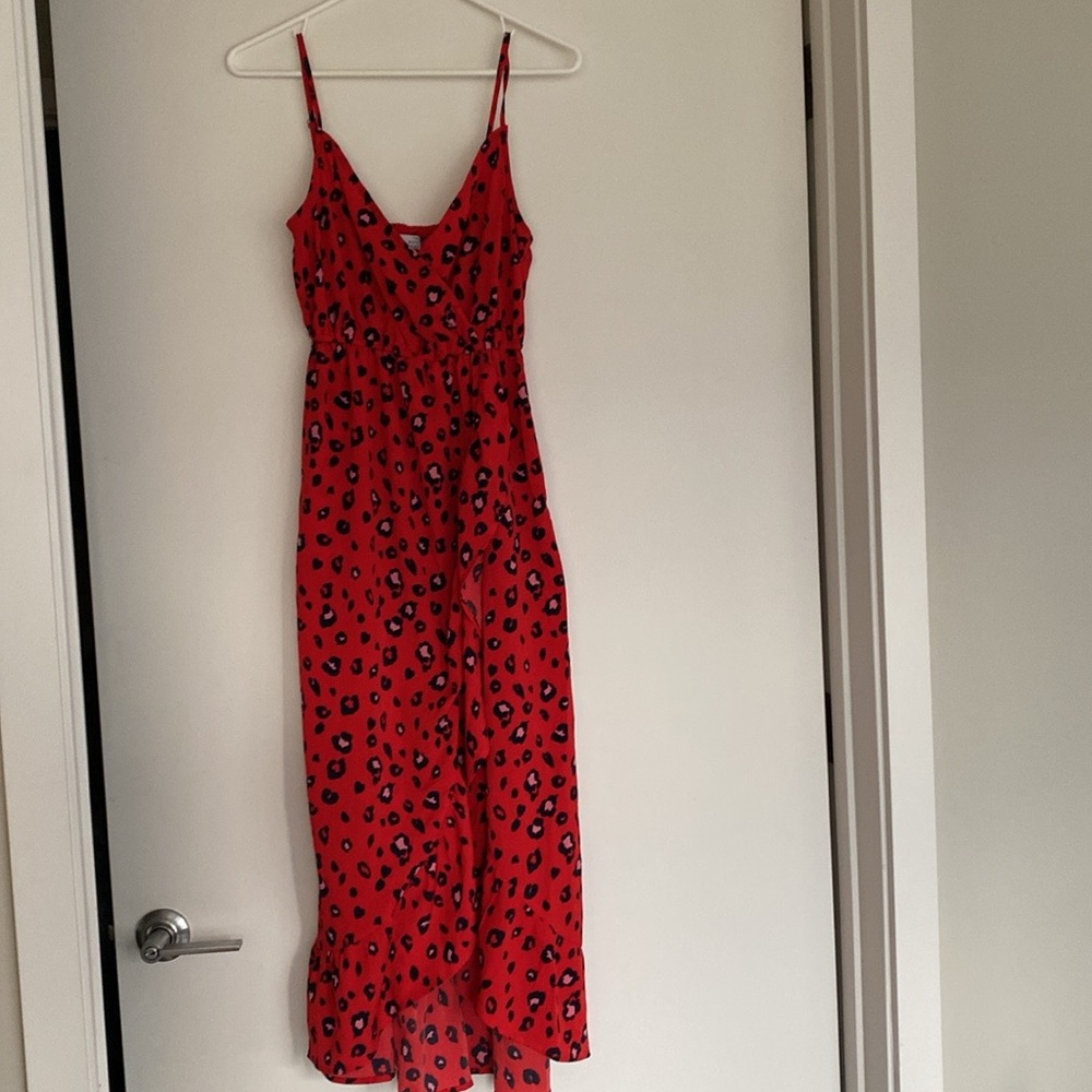 Revolve, adjustable red cheetah print asymmetrical wrap maxi dress. Size X-small
